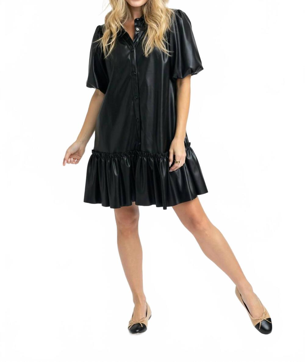 NEW KARLIE pleather puff sleeve ruffle dress in black